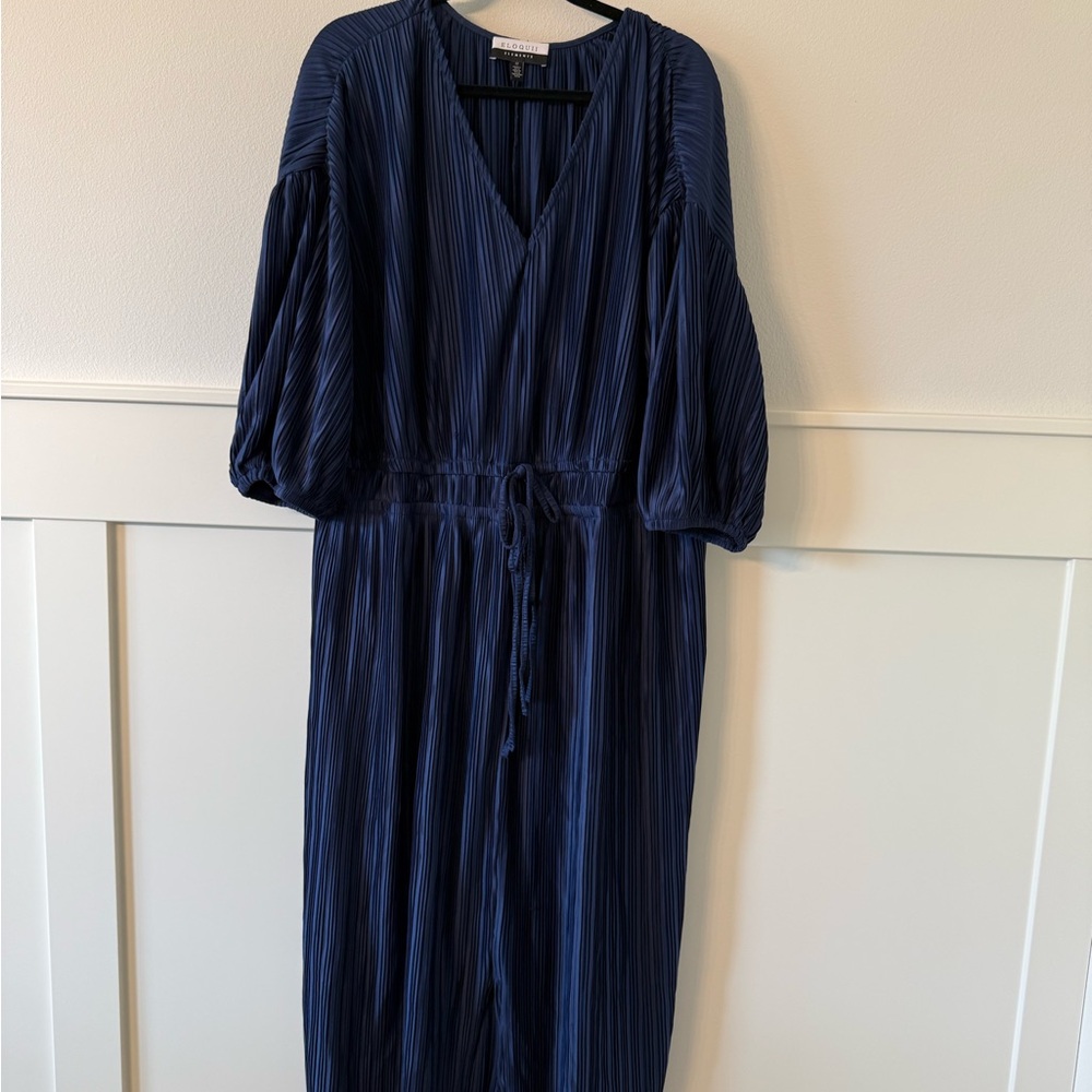 Eloquii Navy Midi Dress with Flattering V-Neck and Puff Sleeves